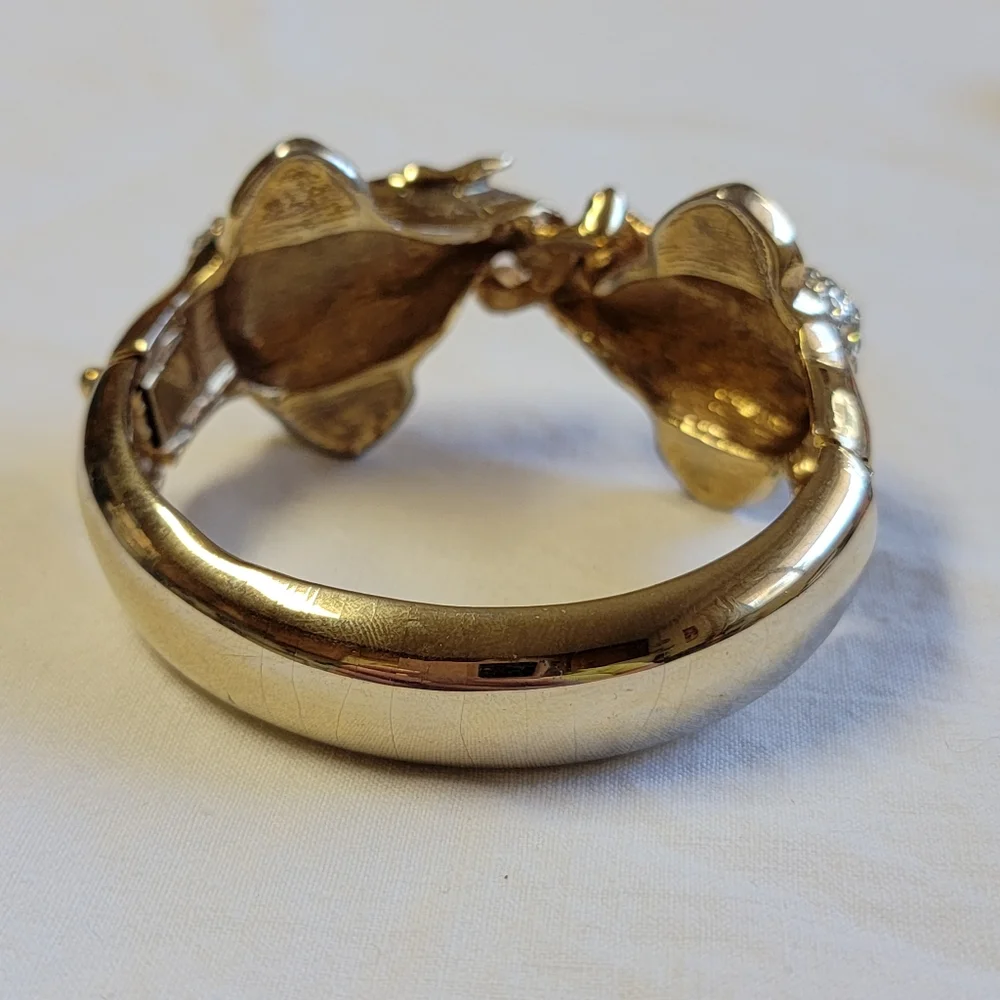Vintage Double Elephan Bracelet Gold Tone Hinge Open Emerald Green Eyes